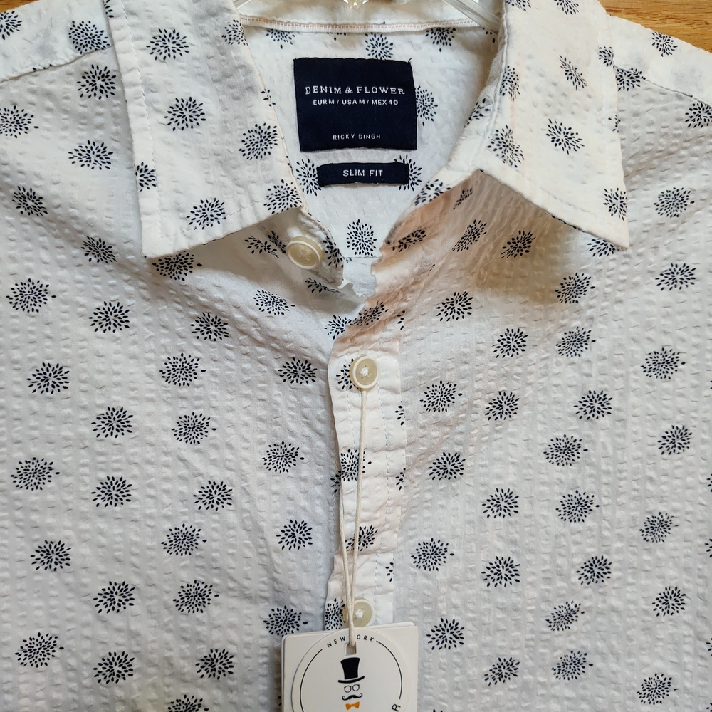 Denim & Flower Seersucker Shirt, Navy And White Patterned, Men's M